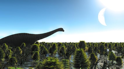 Huge Diplodocus in wetland, 3d illustration © satori