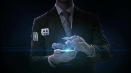 Businessman touch smart phone, smart pad, tablet, Smart house, Factory, Building, Car, Mobile, internet sensor connect 'Industrial Revolution' technology, artificial intelligence. 4k movie. - Powered by Adobe