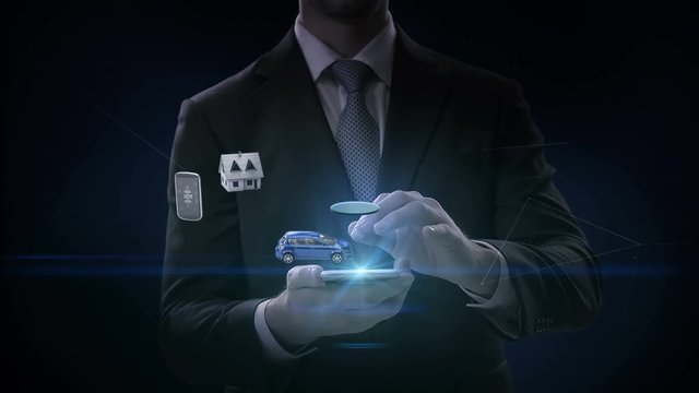 Businessman touch smart phone, smart pad, tablet, Smart house, Factory, Building, Car, Mobile, internet sensor connect 'Industrial Revolution' technology, artificial intelligence. 4k movie.