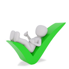 man leaning on check mark