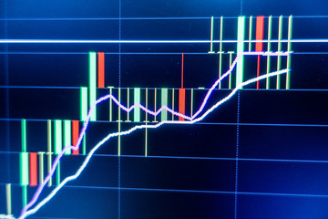 Stock market graph and candlestick chart for financial investment concept.