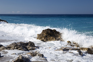 Albanian coast.beautiful view on the  rock sea shore,blue sea and wave.