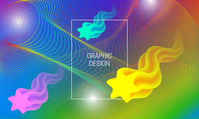 Abstract vibrant background design with floating translucent shapes and colorful guilloche elements. Dynamic poster template.