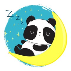 Cute Panda Bear sleeping on the moon. Vector Illustration