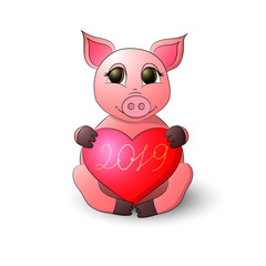 A funny pig holds a heart with the inscription 2019