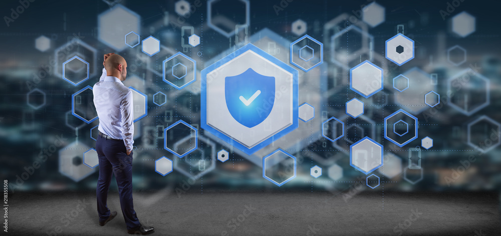 Poster man holding a shield web security concept 3d rendering
