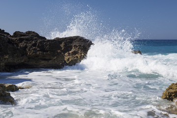 Albanian coast.beautiful view on the  rock sea shore,blue sea and wave.