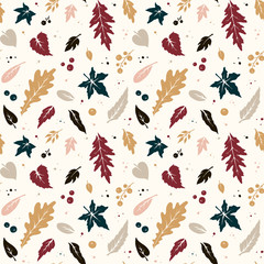 Seamless hand-drawn autumn pattern from leaves and berries