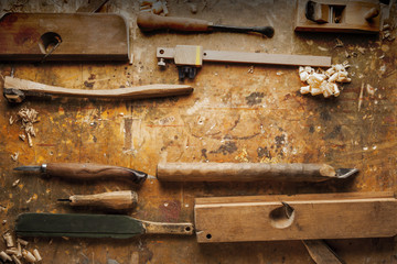 Hand tools Wood on an old wooden workbench