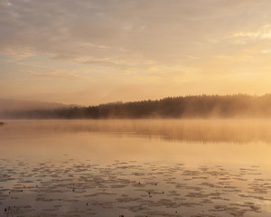 Golden sunrise at foggy serene lake