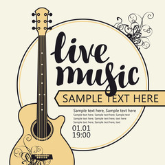 Vector music poster for festival or concert of live music with guitar and place for text on the light background