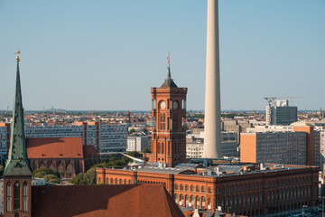 Red City Hall (rotes Rathaus) and tv tower, Berlin Alexanderplatz -
