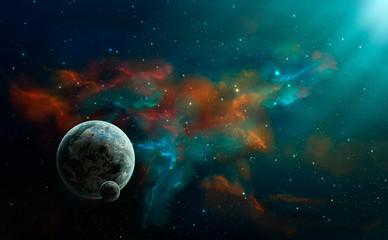 Obraz na płótnie Canvas Space scene. Colorful nebula with two planet. Elements furnished by NASA. 3D rendering