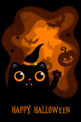 Halloween paper cut background with pumpkin, black cat and spiders. 