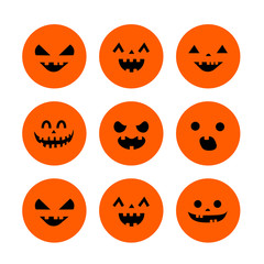 Orange circle face set for Halloween. Silhouettes style. Vector illustration isolated on white background.