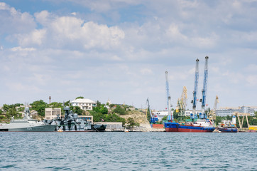 Russia, the Crimea peninsula, the city of Sevastopol, 06/10/2018: Military and civil ships in the Sevastopol Bay