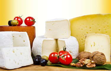 Various types of cheese on white wood