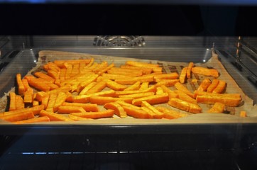 Kumara fries are baking in the oven