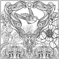 Poster with decorative flowers and carp fish in art nouveau style. Page for the adult coloring book