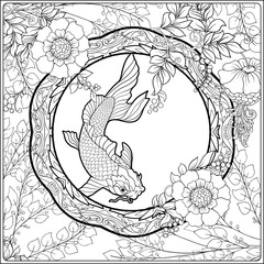 Poster with decorative flowers and carp fish in art nouveau style. Page for the adult coloring book