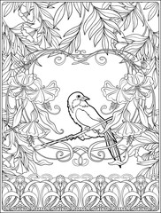 Fototapeta premium Poster with decorative flowers and carp fish in art nouveau style. Page for the adult coloring book