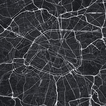 Dark Paris city map. Road map of Paris (France). Black and white (dark) illustration of parisian streets. Square format.