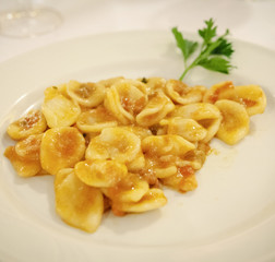 A tasty Italian dish: orecchiette pasta with tomato sauce sugo.
