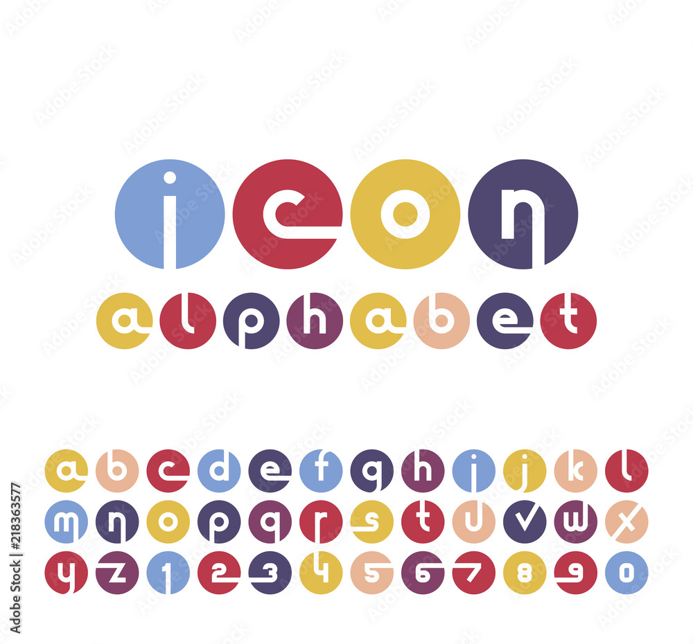 Poster Vector icons alphabet set. Collection of round logos. Font for your design.
