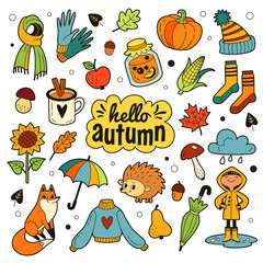 Hello autumn patches collection. Vector illustration of color cute autumn icons, such as hat, gloves, scarf, umbrella, pumpkin, leaves, fruits, sunflower and corn. Isolated on white.