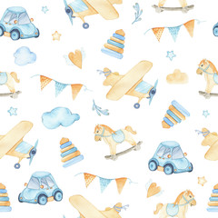 Aquarel naadloos patroon met jongens speelgoed auto vliegtuig piramides vlaggen hobbelpaard
