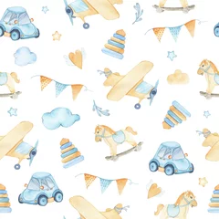 Tapeten Aquarell nahtlose Muster mit Jungen Spielzeug Auto Flugzeug Pyramiden Flaggen Schaukelpferd © madiwaso