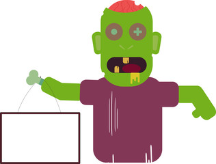 Cartoon zombie holding blank sihnboard. Flat vector illustration