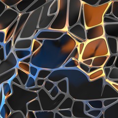 Abstract 3d rendering of chaotic black landscape structure with golden frame. Futuristic shape in empty space