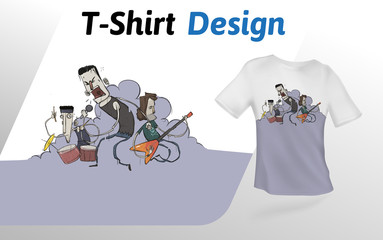 Band rocking out on stage in smoke, t-shirt print. Colorful mock up t-shirt design template. Vector template, isolated on white background.