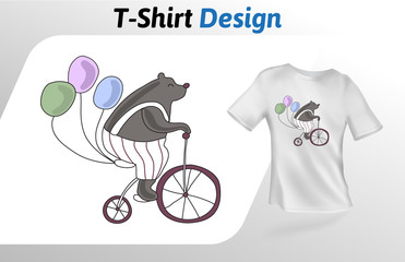 Funny circus bear riding a bicycle, t-shirt print. Colorful mock up t-shirt design template. Vector template, isolated on white background.