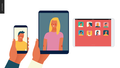 Bright people portraits - hand drawn flat style vector concept illustration of video call, man and woman - a hand holding phone and tablet with a video chat, and a tablet with a screen with app icons