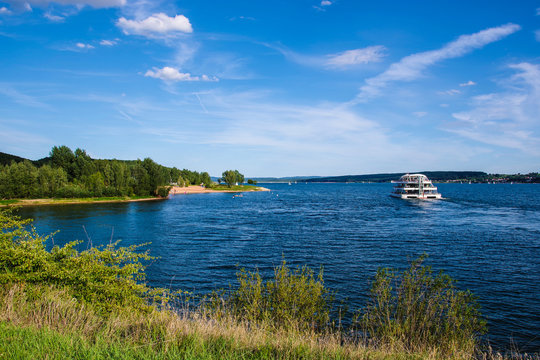 View of a ferry Gro&szlig;er Brombachsee Lake in Germany on a sunny day.