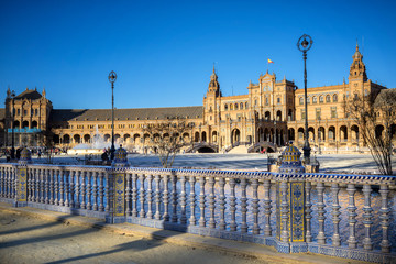 Spain Square (Plaza de Espana), Seville, Spain, built on 1928, it is one example of the Regionalism Architecture mixing Renaissance and Moorish styles. - obrazy, fototapety, plakaty