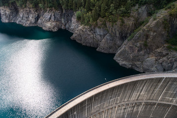 Dam wall view from above, aerial photo.