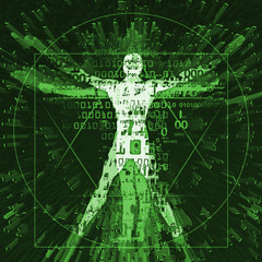 Vitruvian man of digital age, green background. 
Illustration of vitruvian man with a binary codes symbolized digital age on green background. Concept for danger of cyber space
