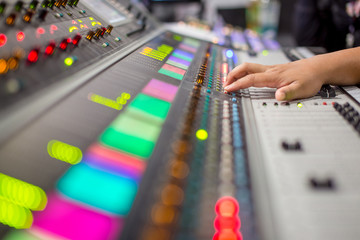 Boardcast studio, Sound digital mixer in control room. A little of DOF.