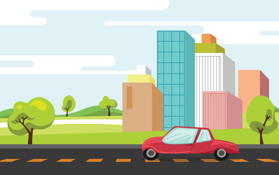 City building near road vector flat illustration. Urban landscape background with modern buildings.