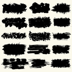 Collection of smears with black paint, strokes, brush strokes, stains and splashes, dirty lines, rough textures. Elements of artistic design.