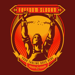 Revolution union badge of Broken handcuff Freedom concept. Two hands clenched in a fist tearing chains that they shackled. Revolution of freedom symbol.
