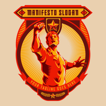 Revolution badge of Men raised fist. Propaganda style. Protest fist. Retro revolution poster design.	