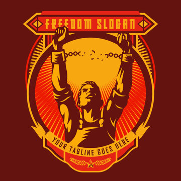 Revolution union badge of Broken handcuff Freedom concept. Two hands clenched in a fist tearing chains that they shackled. Revolution of freedom symbol.