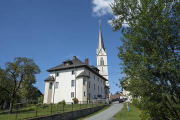 panoramic view of the Stadtpfarrkirche church in Hermagor, Carinthia, Austria