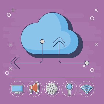 cloud storage with innovation and technology related icons around over purple background, colorful design. vector illustration