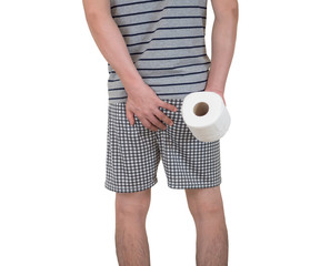 men diarrhea in hand holding toilet paper.