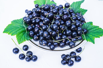 Fresh berries of black currant in a plate on a table. For a diet and saturation with vitamins